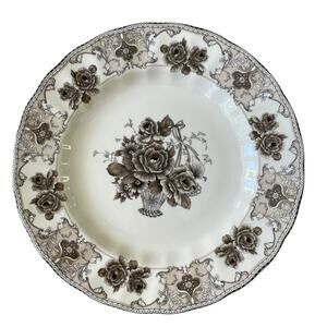 4pc Palate & Plate Victorian BROWN Rose Floral 10.5" Dinner Plates Scalloped New